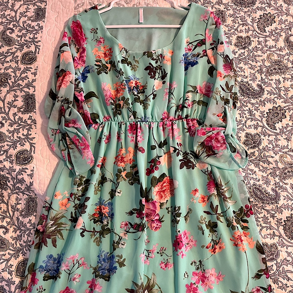 EUC Pink Blush Maternity Aqua Floral Dress L
